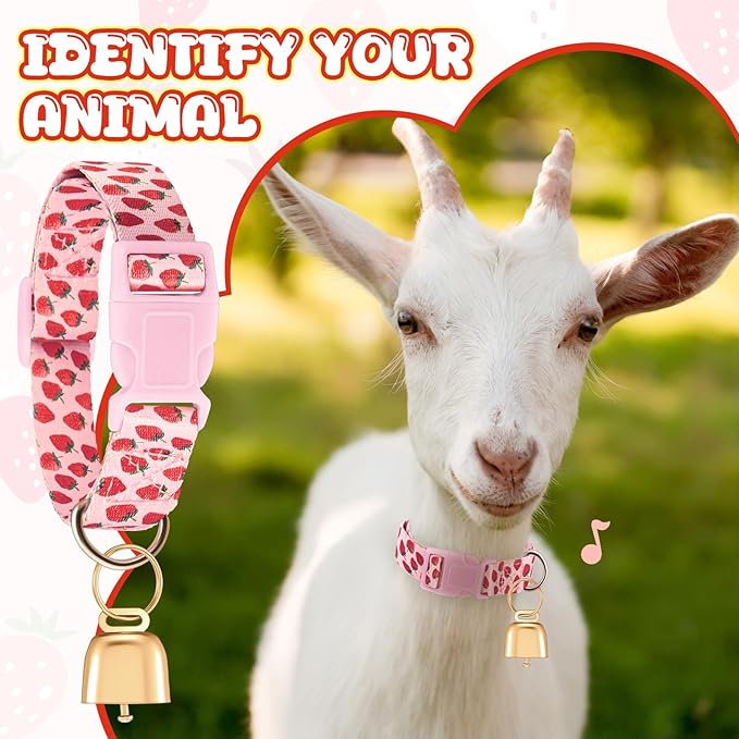 Talltalk 2 Pack Goat Collars with Bells Grazing Copper Bell and Adjustable Nylon Collar Set Loud Bronze Bell for Farm Sheep Cow Sheep Dog Accessories Christmas Thanksgiving Gift(Strawberry, Pineapple)