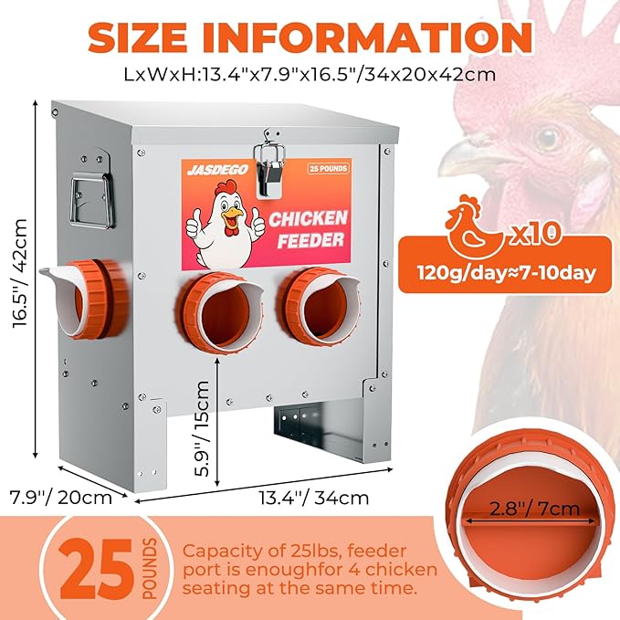 4 Ports Metal Chicken Feeder No Waste 25 Pounds Automatic Poultry Feeder with Latch & Handle for Chickens Bantams Pheasants Poultry Coop Rodent Proof