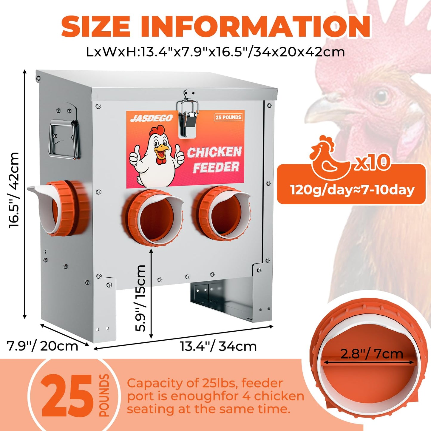 JASDEGO 4 Ports Metal Chicken Feeder No Waste 25 Pounds Automatic Poultry Feeder with Latch & Handle for Chickens Bantams Pheasants Poultry Coop Rodent Proof