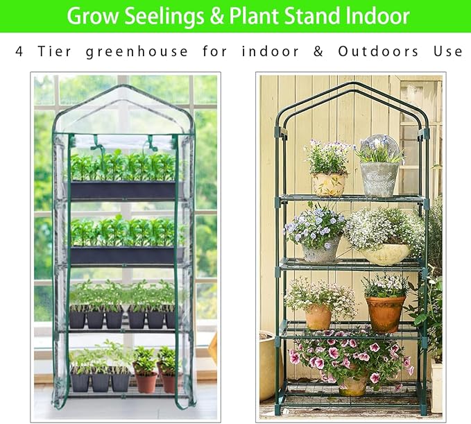 4-Tier Mini Greenhouse, Green House for Flower Indoor Outdoor, Portable Plant Outdoor Cage with Heavy Duty PVC Clear Cover & Steel Frame,Greenhouse for Seed Starting, Mushroom,Vegetables
