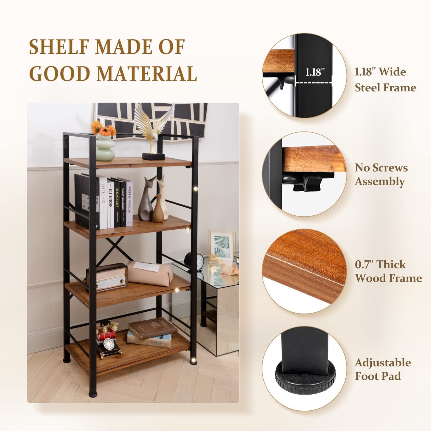 Crofy Rustic Bookshelf, 4 Tier Real Wood Bookshelf, Metal Book Shelf for Storage, Black Bookcase, 12.6" D x 23.62" W x 50.39" H