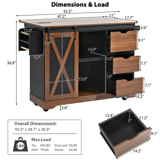 Merax 55.5" Farmhouse Kitchen Island with Drop Leaf, Kitchen Storage Island with Barn Door, Power Outlet, Rolling Kitchen Cart on Wheels with Spice Rack, for Home, Kitchen, Dining Room, Black