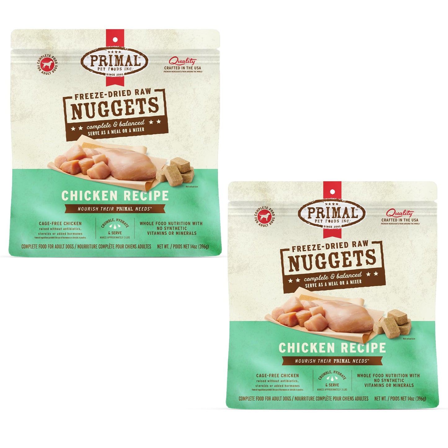 Primal Freeze Dried Dog Food Nuggets, Chicken; Complete & Balanced Meal; Also Use as Topper or Treat; Premium, Healthy, Grain Free, High Protein Raw Dog Food, 14 oz (Pack of 2)