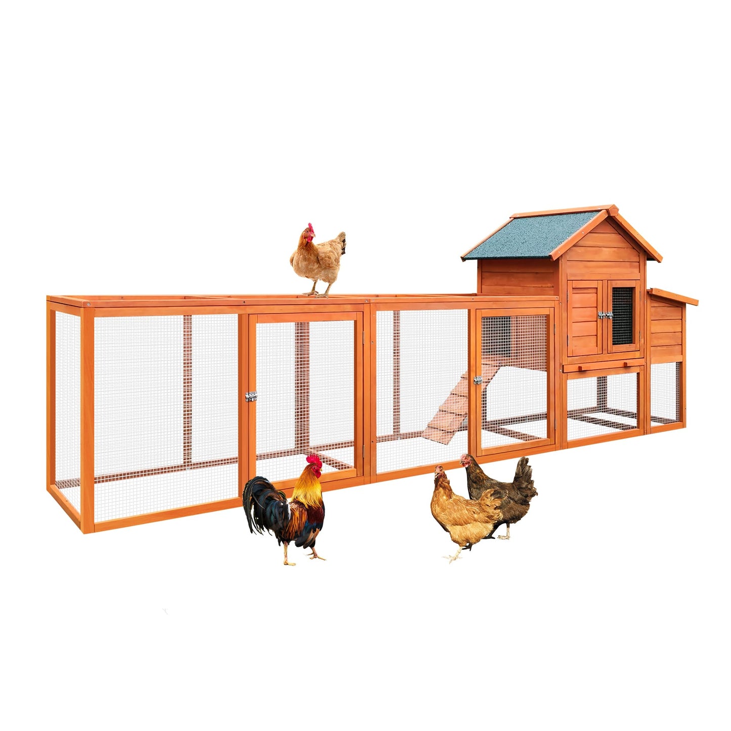 YOPTO 122" Wood Chicken Coop with Nesting Box,Outdoor Chicken Run W/Run&Perch,Wooden Large Hen House W/Ramp&Sliding Trays,Waterproof Poultry Cage W/Sloped Asphalt Roof,for Backyard Farm Use,Natural