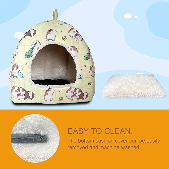 LUCKITTY Guinea Pig Hideout Bed 11.8-Inch Cube - Cozy Small Animal House for Guinea Pigs, Chew-Proof Hideaway with Ventilation (Yellow, Adorable Guinea Pig Print)