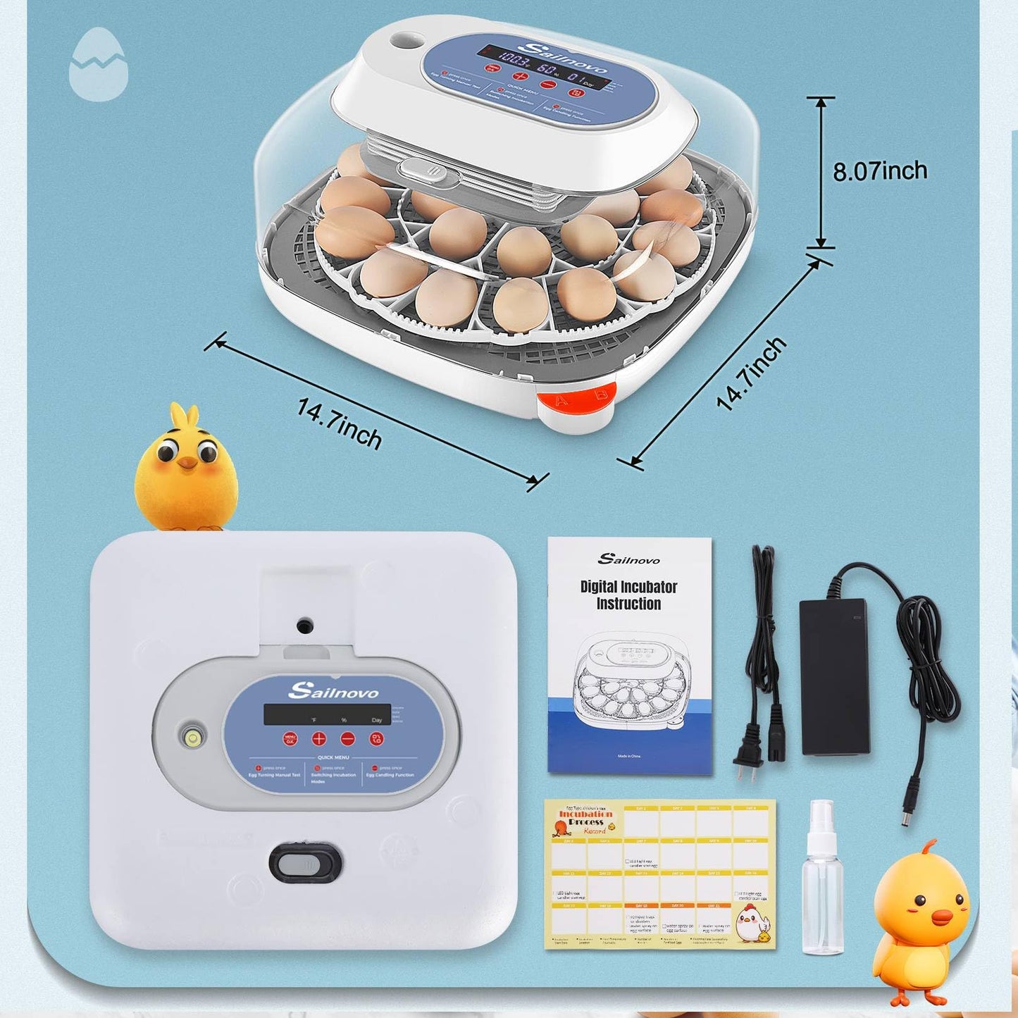 Sailnovo 24 Eggs Incubators for Chicken Eggs with 4 Modes, 360° View Incubator with Automatic Egg Turning and Temperature Control Humidity Display, Digital Incubator for Chicken Quail Duck(Blue)