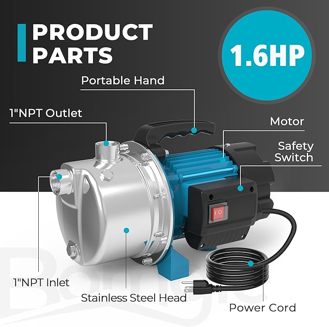 1.6HP Shallow Well Pump Portable, Garden Pump 1320GPH, Stainless Steel Water Transfer Pump 110V Max. Head 164ft, Sprinkler Booster Pump for Draining Irrigation Home Garden Lawn Draining