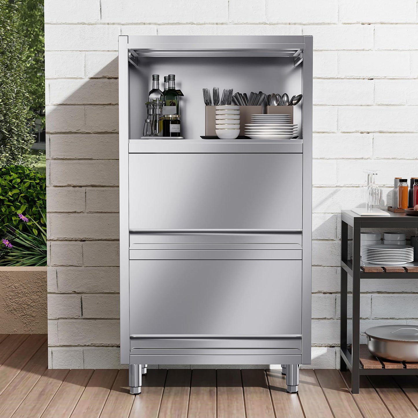 EHONXI 3-Tier Stainless Steel Storage Cabinet, Freestanding Commercial Kitchen Cabinet with Flip-up Doors, Heavy Duty Garage Storage Rack for Warehouse Shop, 19.69" D x 31.5" W x 59.06" H