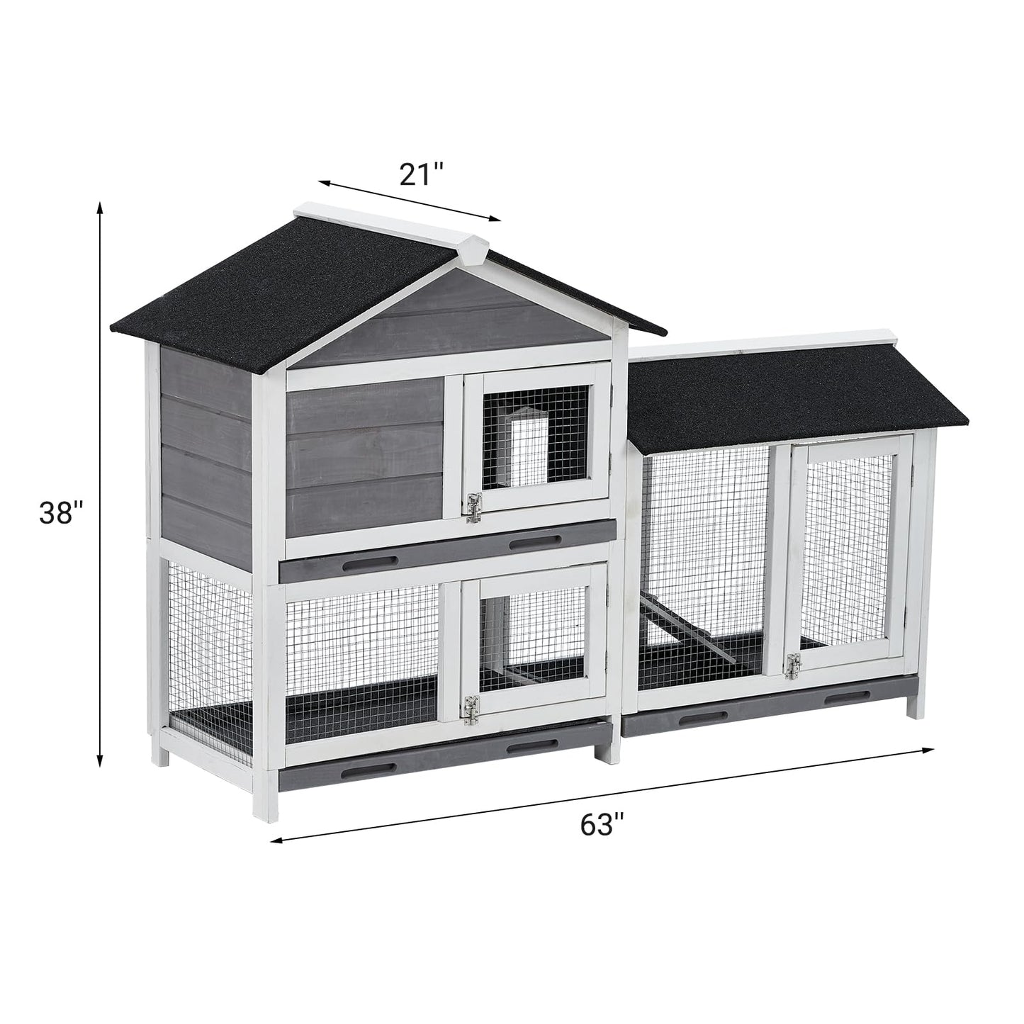 58'' Bunny Hutch Indoor with 3 Leak-Proof Trays, Wooden Waterproof Roof Rabbit Hutch Indoor/Outdoor, 2-Tier Bunny House/Chicken Coop, Gray and Black