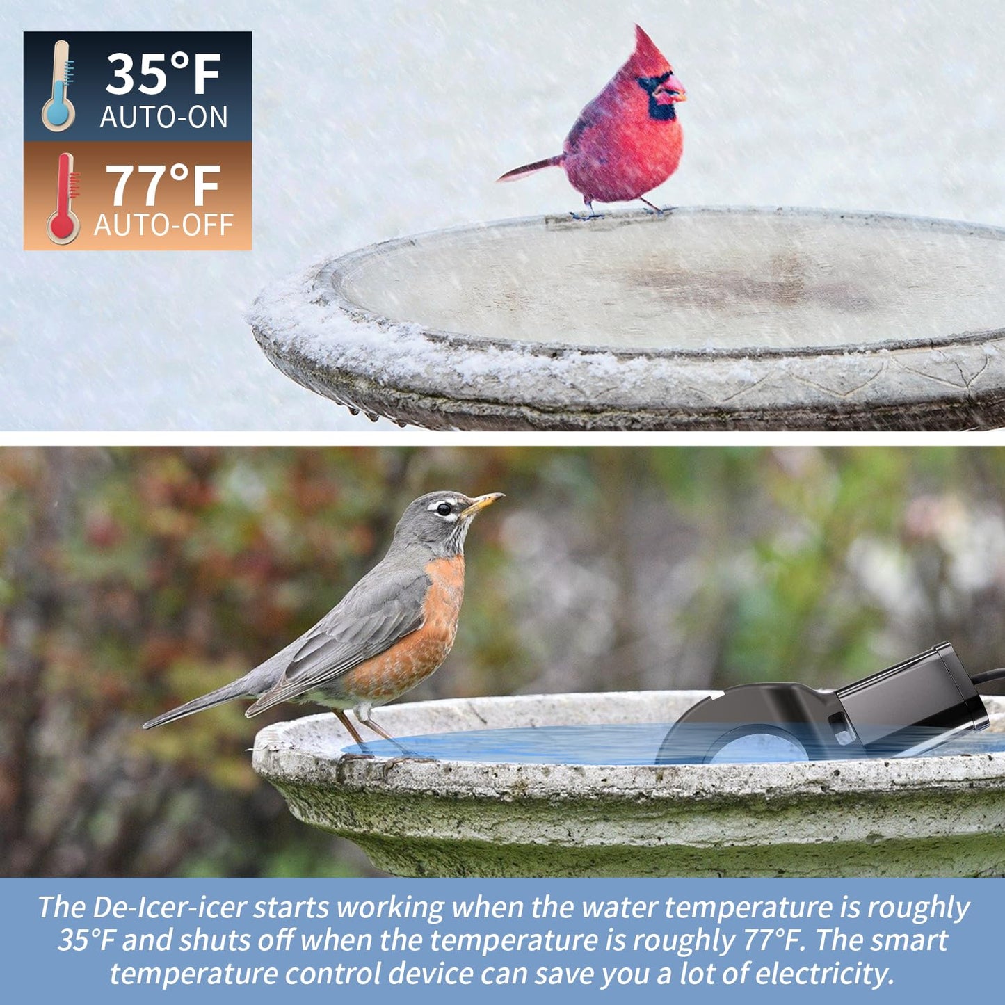 GUEOQTC 500 Watt Bird Bath De-Icer with Thermostat, Cast Aluminum Submersible Chicken Water Heater, Heated Bird Bath, Power Cord 9.8 Ft