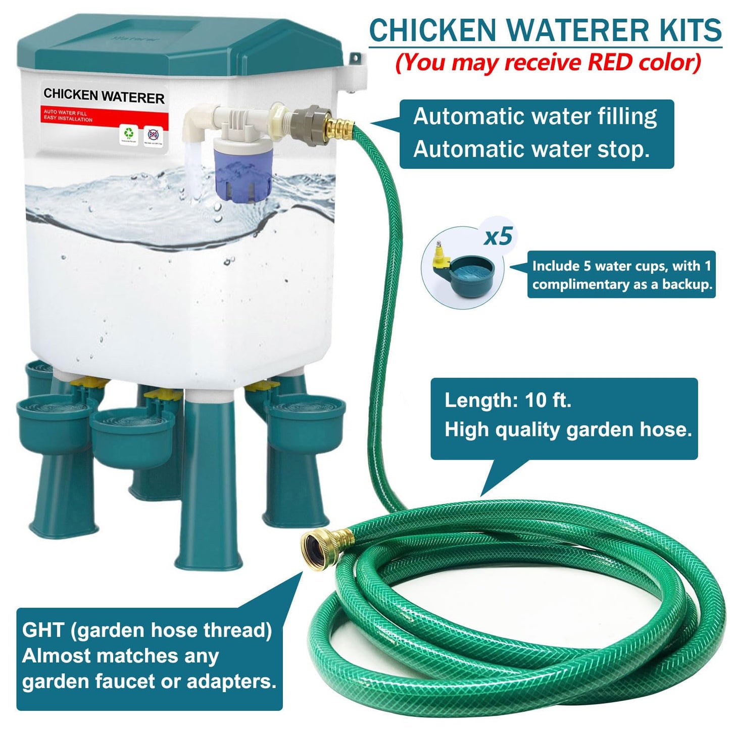 Float-Controlled Automatic Chicken Waterer & No Waste Feeder Kits - Chicken Coop Accessories, Poultry Waterer and Feeder, Two Buckets 3 Gallon/18-23 Pounds