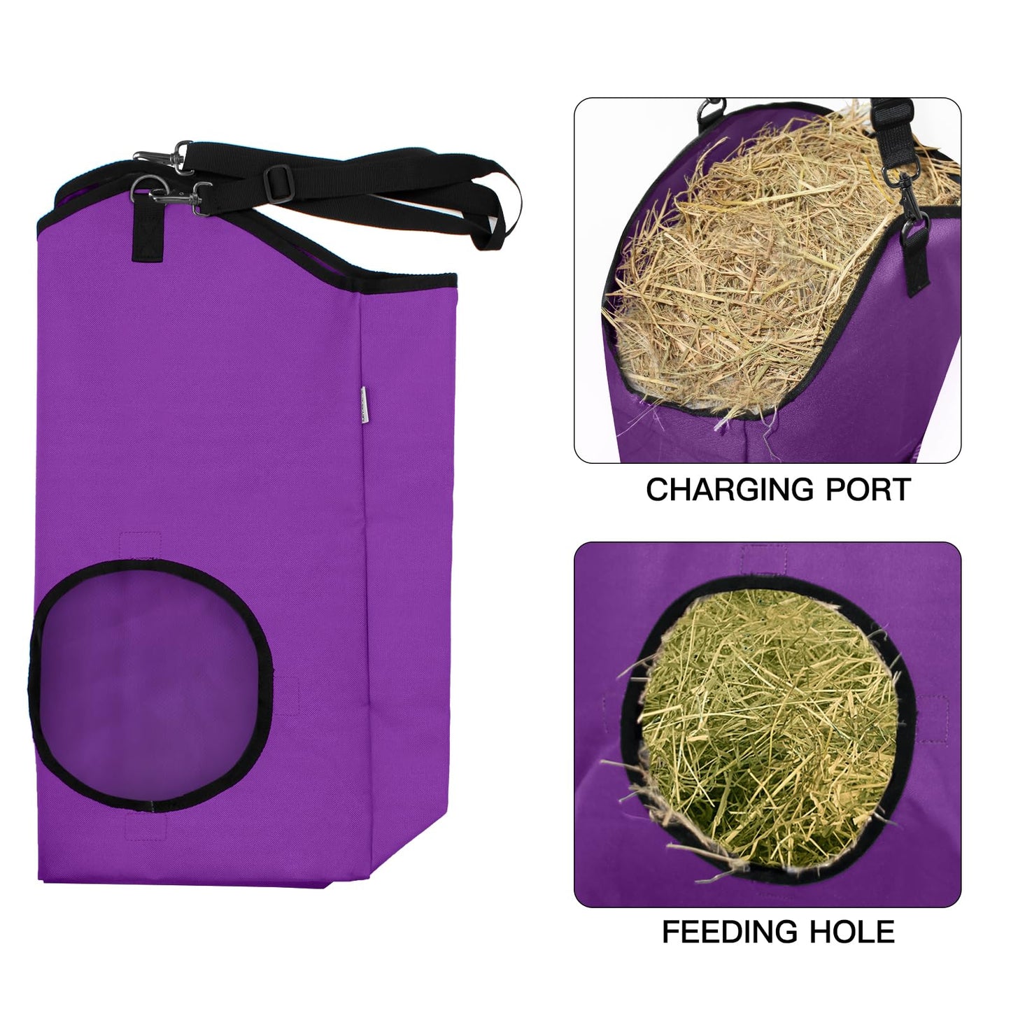 MIYABALA 3 Packs Goat Hay Feeder,Hay Bags for Goats,Horses,Sheep,Premium 600D Oxford Cloth,with Metal Fastener and Adjustable Open Feed Hole for Slow Feeding. (2Purple + 1Black)
