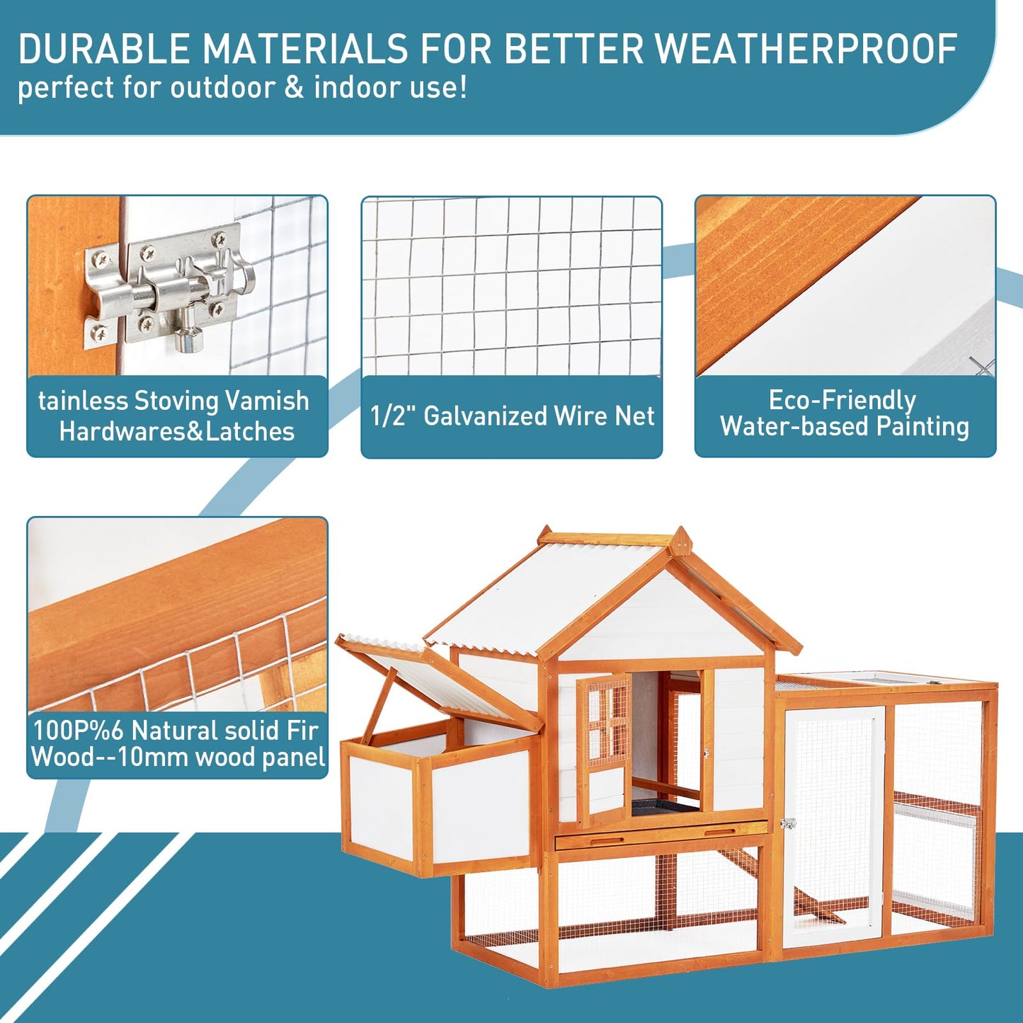 Outdoor Chicken Coop Wooden Hen House with Run, Poultry Cage w/Ramps, Nesting Box, 4 Access Areas, Wire Fence, Removable Bottom for Easy Cleaning