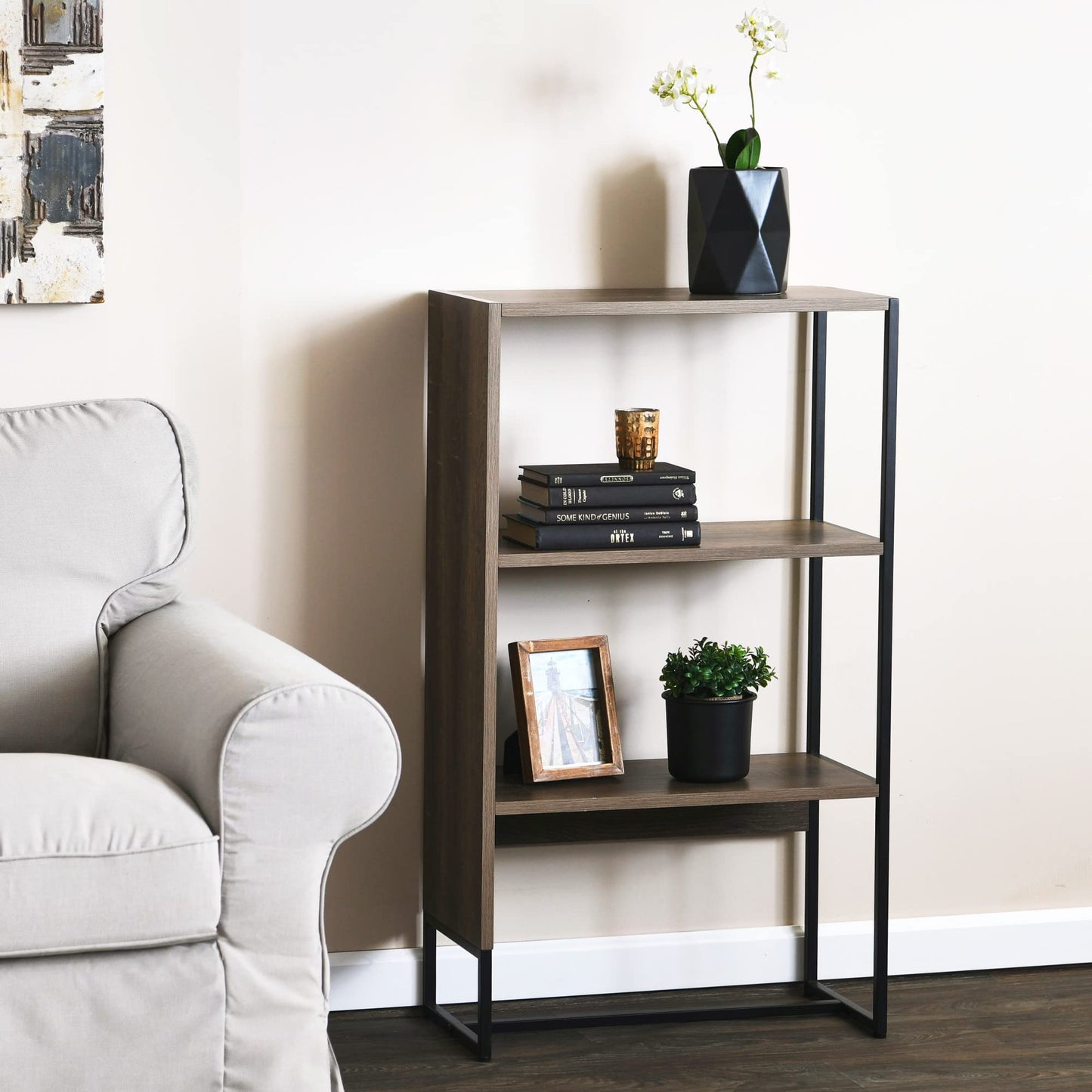 Household Essentials Wrap 3 Shelf Open Storage Bookshelf Ashwood Rustic Wood Grain and Black Metal