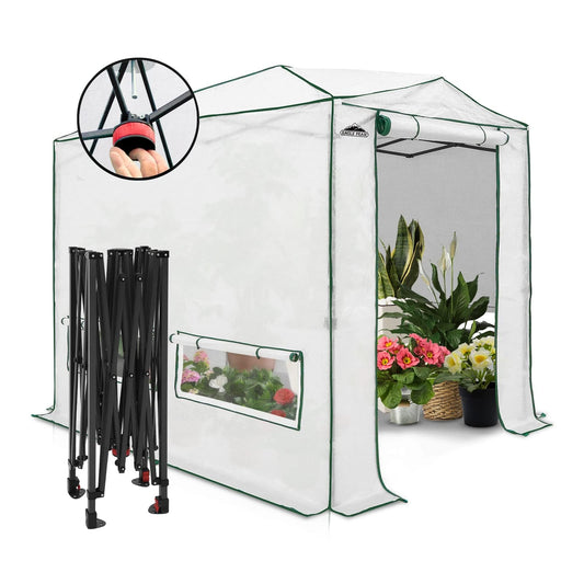 EAGLE PEAK Instant Pop-up Greenhouse, Indoor Outdoor Plant Gardening Green House, Roll-Up Zipper Doors and Side Windows, Heavy Duty Walk in 8x6 ft, Woven PE Top, White