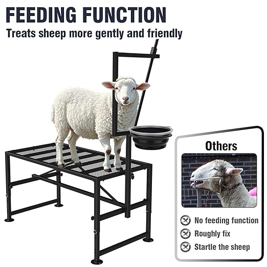 Goat Stand with Feed Bin for Milking, 600LBs Goat Trimming Stand, Livestock Table for Sheep Trimming Hoof and Milking, Iron Black, Adjustable Size