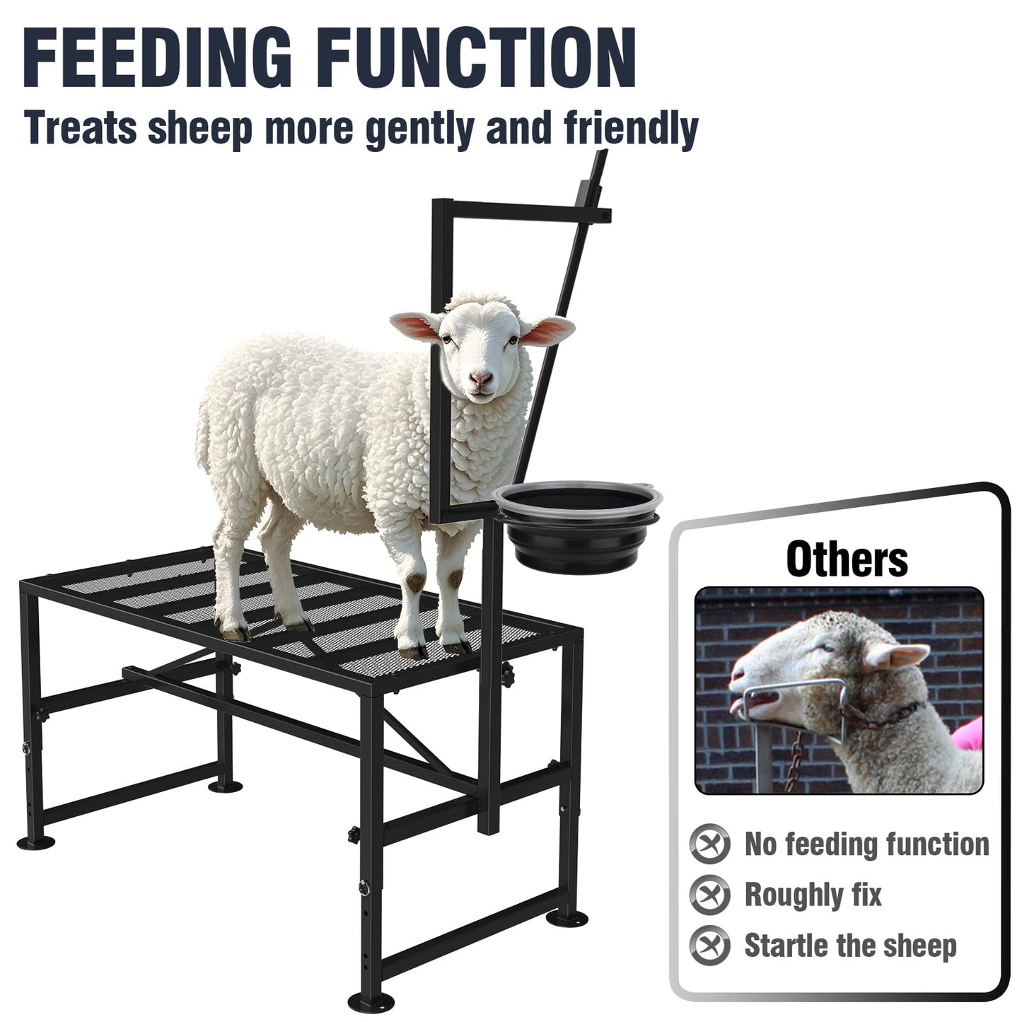 Bknius Goat Stand with Feed Bin for Milking, 600LBs Goat Trimming Stand, Livestock Table for Sheep Trimming Hoof and Milking, Iron Black, Adjustable Size
