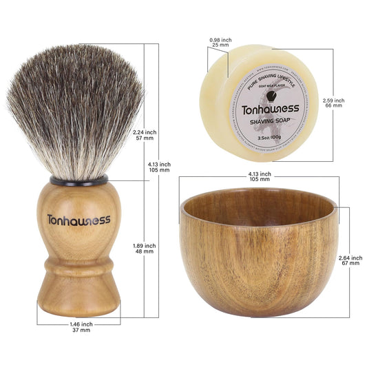 Shaving Brush Kit For Men, 3 In 1 Shaving Brushes Set Includes Badger Hair Shaving Brush, Wood Bowl and Goat Milk Shaving Soap