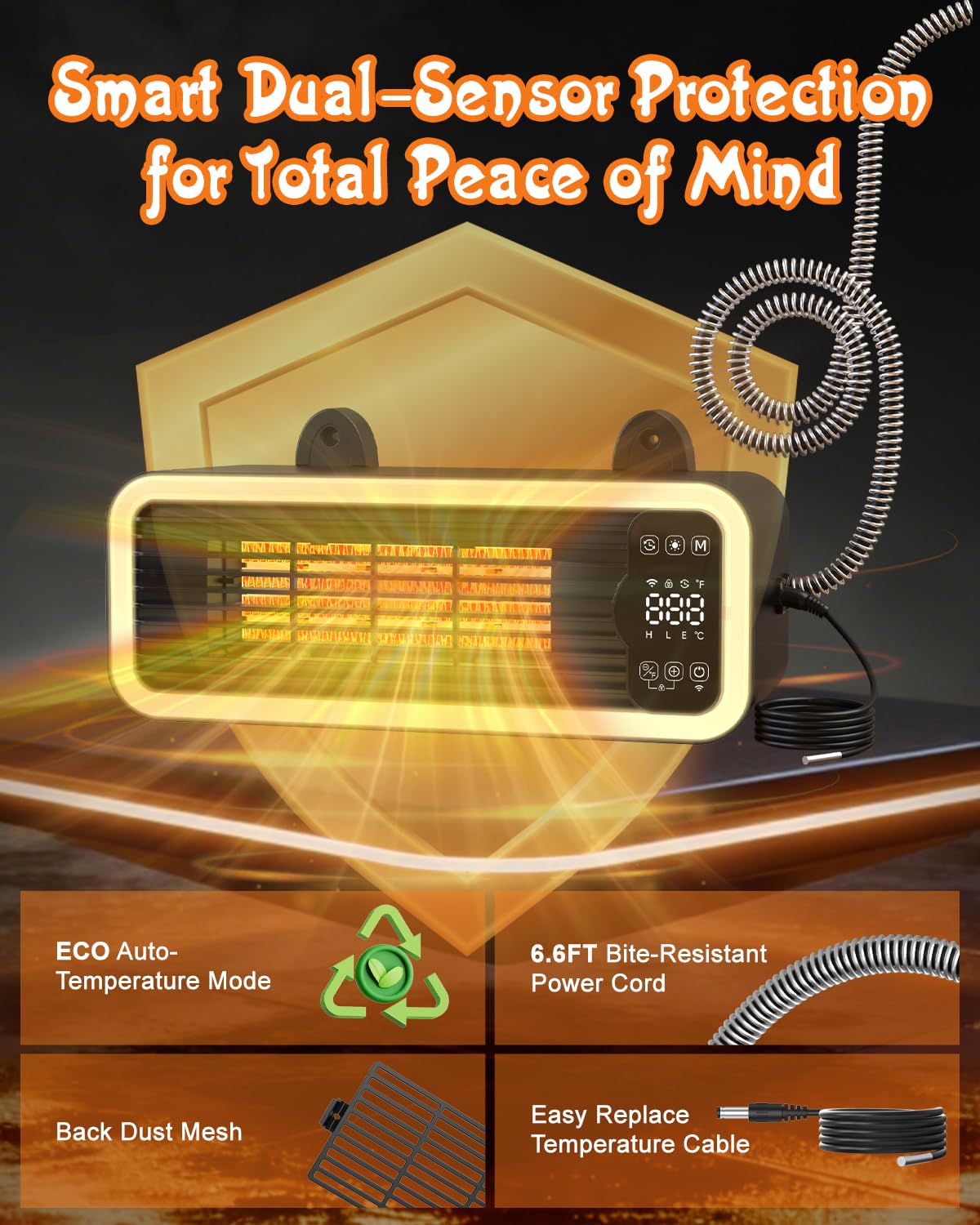 1200W Dog House Heater with Thermostat WIFI Control, Dog Heaters for Outside Doghouse Chicken Coop, Greenhouse, Outdoor Pet Heater with 6.6FT External Temperature Probe and Anti-chew Cable