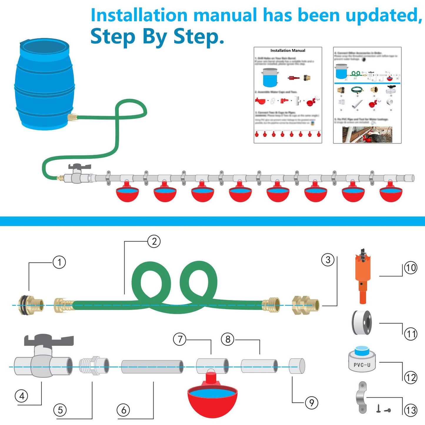Automatic Chicken Watering System with 1/2" PVC Pipe & Hose Connector Kit, Leak-Proof and Easy-Assembly Chicken Drinker for Coops, Compatible with Water Tanks