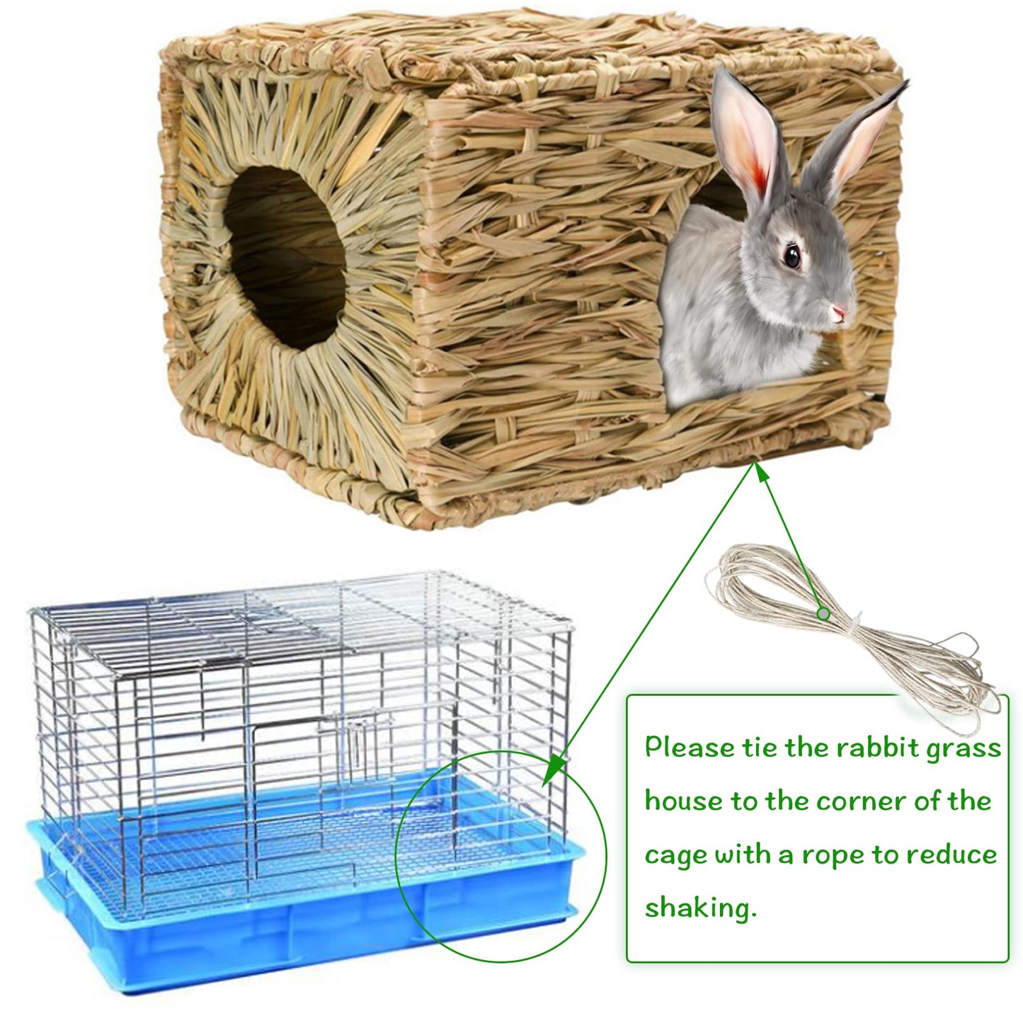 Hamiledyi 2PCS Large Grass House for Rabbit, Edible Bunny Hut Natural Grass Woven Foldable Pet Play Hideaway Hay Mat Chew Toys for Guinea Pig Hamster Chinchilla 14.5x11.4x10.2 inches
