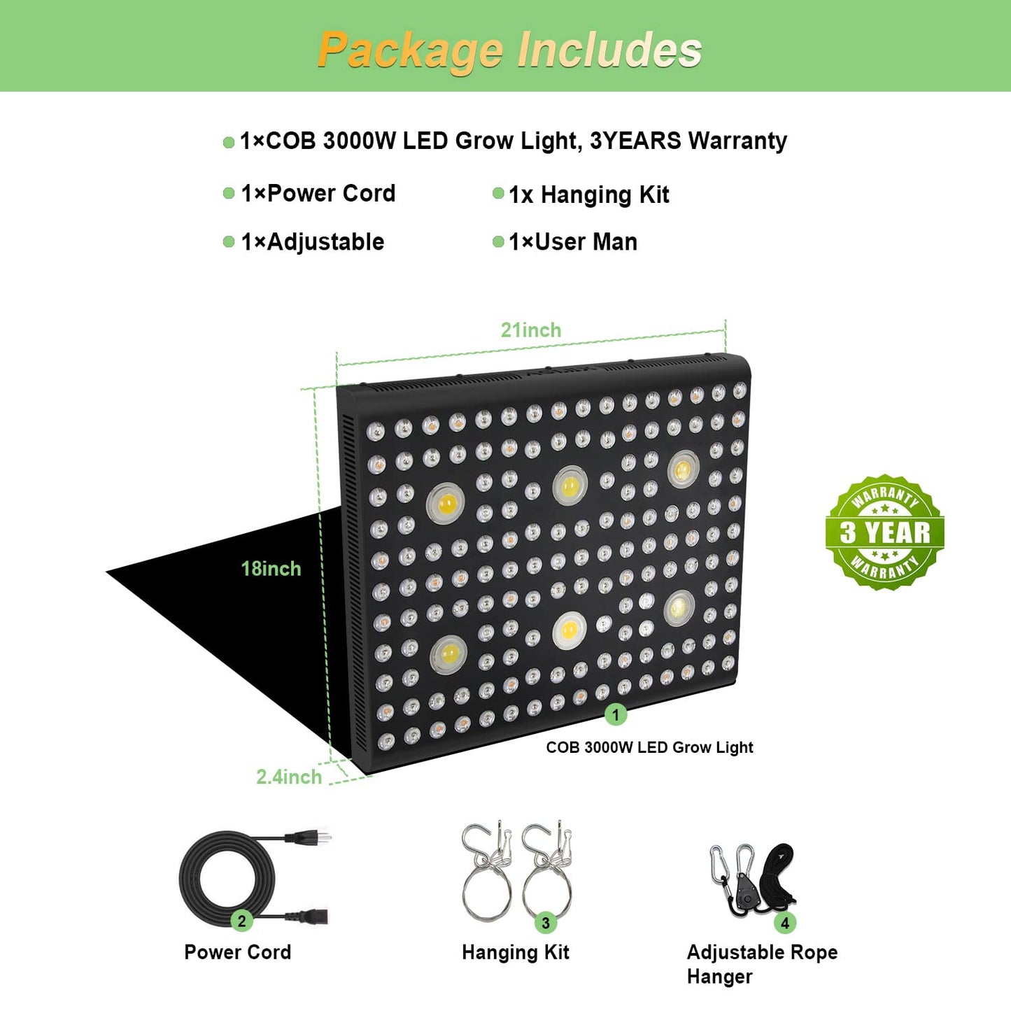 AGLEX 655W COB LED Grow Light, Full Spectrum Plant Grow Lamp with Daisy Chain Veg and Bloom Switch for Hydroponic Greenhouse Indoor Plant Veg and Flower (C3000)