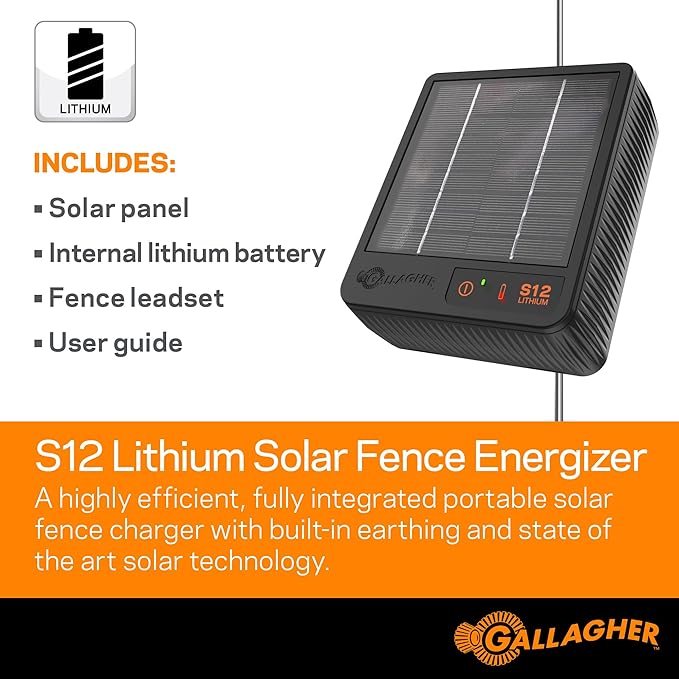 Gallagher S12 Solar Energizer and 1312' Poly Wire Electric Fence Kit for Livestock, Gardens, Orchards, Pets, and More