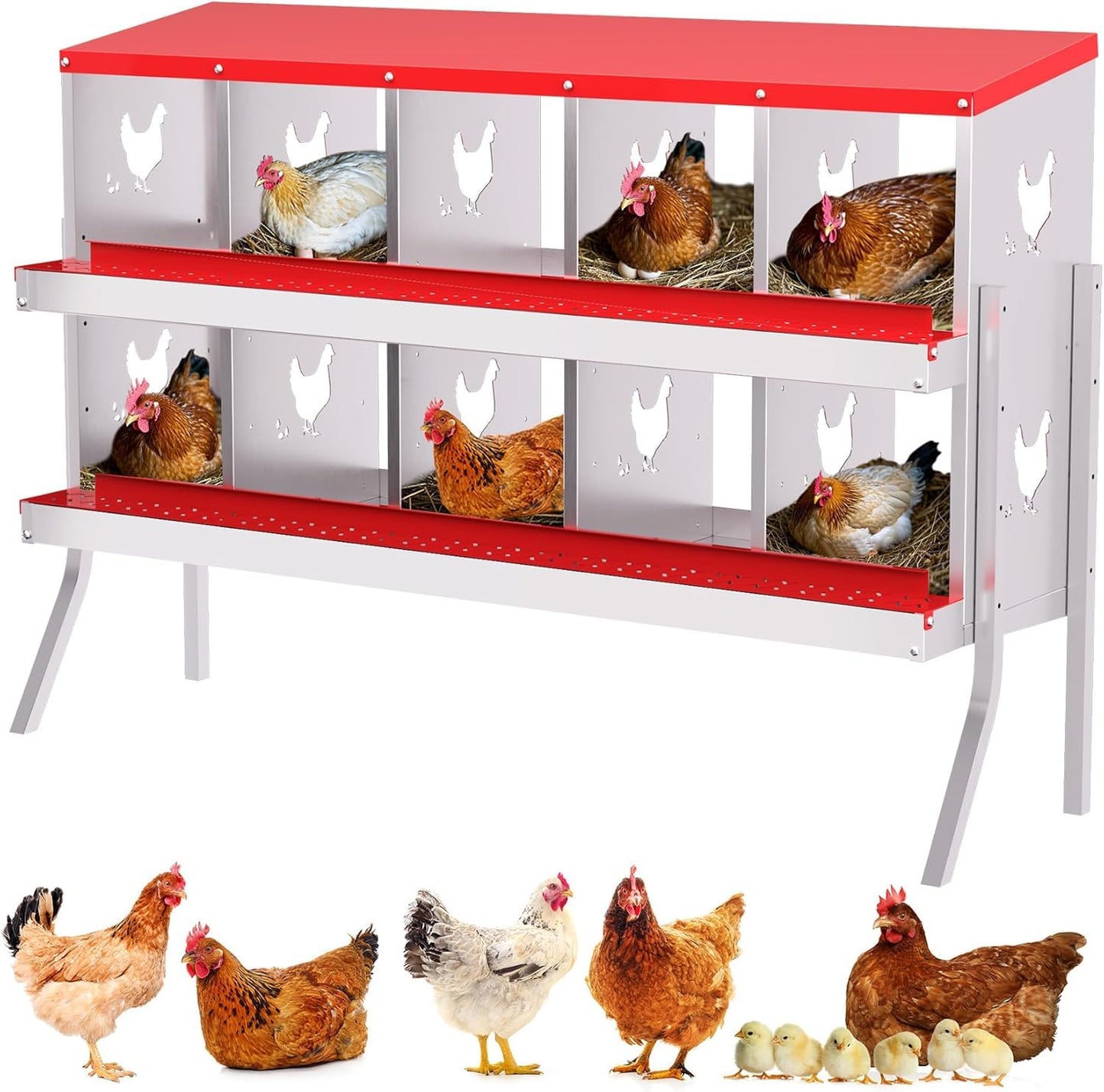 Chicken Nesting Boxes, 10-Hole Metal Nesting Box with Perch & Roll-Away Egg Design – Wall Mount or Freestanding Laying Box for Hens, Ducks, Quail (Heavy-Duty Galvanized Steel),Red. 1