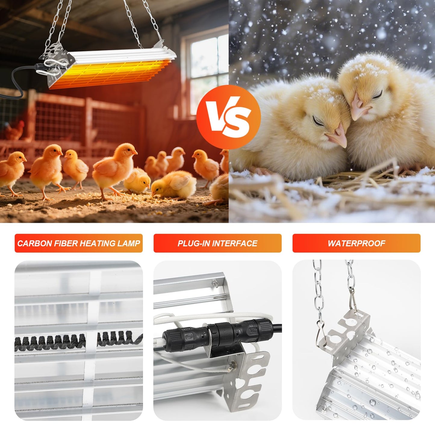 Large Heat Lamp for Chicken Coop, 400 Watts Carbon Fiber Chicken coop Heater, Adjust 2 Mode Temp&Hanging Height, Waterproof,Indoor & Outdoor Heater,For Cow,Sheep,Livestock,size:16.3x5.31x3inch (400W)