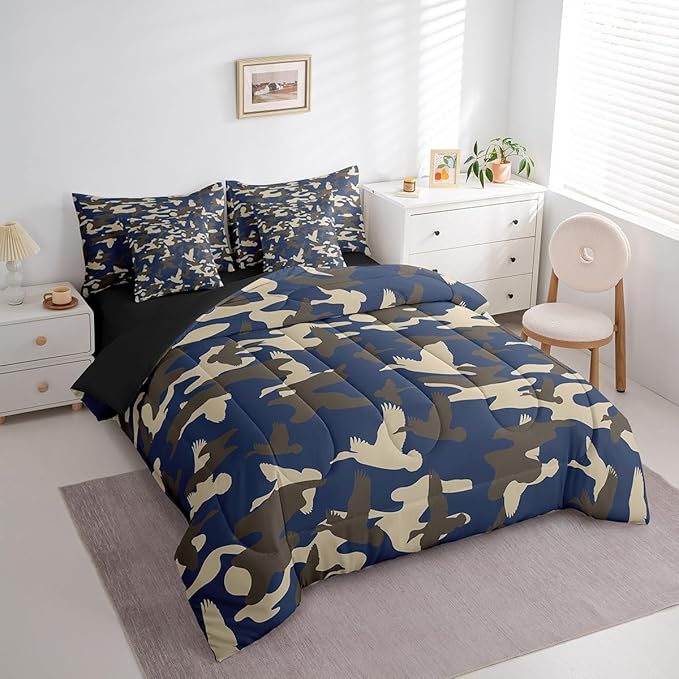 Feelyou Duck Hunter Bed Set Boys Girls Full Size Duck Hunting Theme 7 Pieces Bedding Set for Kids Camo and Duck Bed Set Includes Comforter, Sheet Set, Pillowcases Blue Grey Room Decor