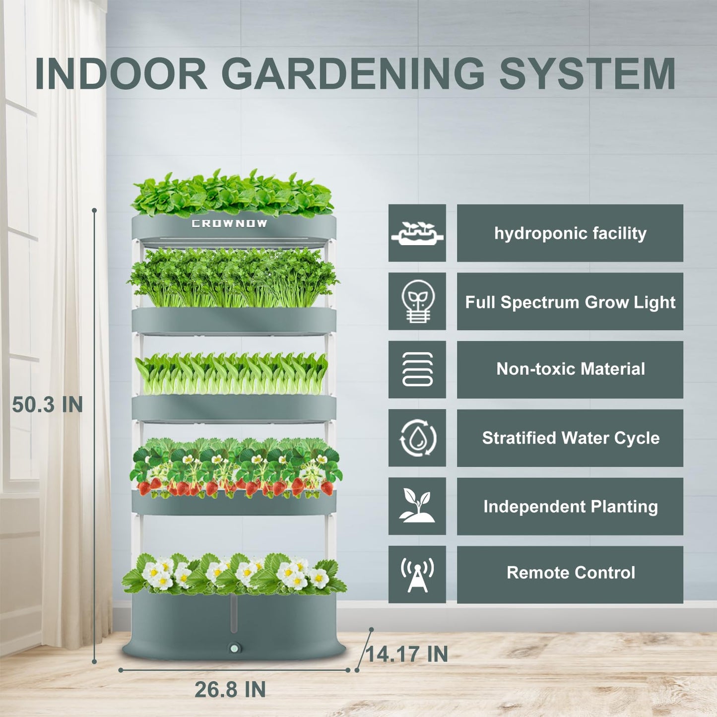 Crownow 80Pods Hydroponics Growing System Kit,5-Layer Large Capacity Hydroponic Tower with LED Grow Light,Indoor Gardening System with Remote Control for Plants Vegetables Herbs