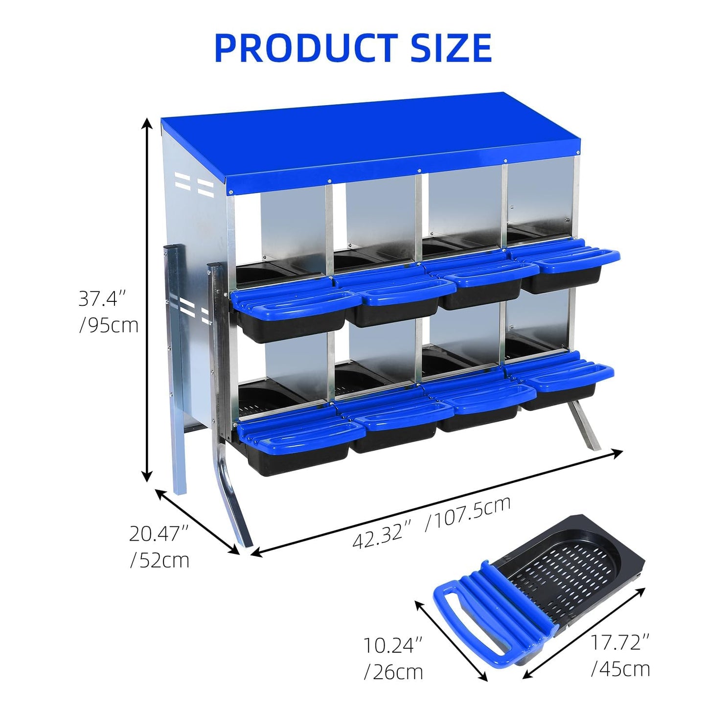 Chicken Nesting Boxes, 8 Hole Metal Chicken Laying Box with with Removable Trays and Roll Out Egg Collection for Chicken Coop, with Metal Bracket, Blue