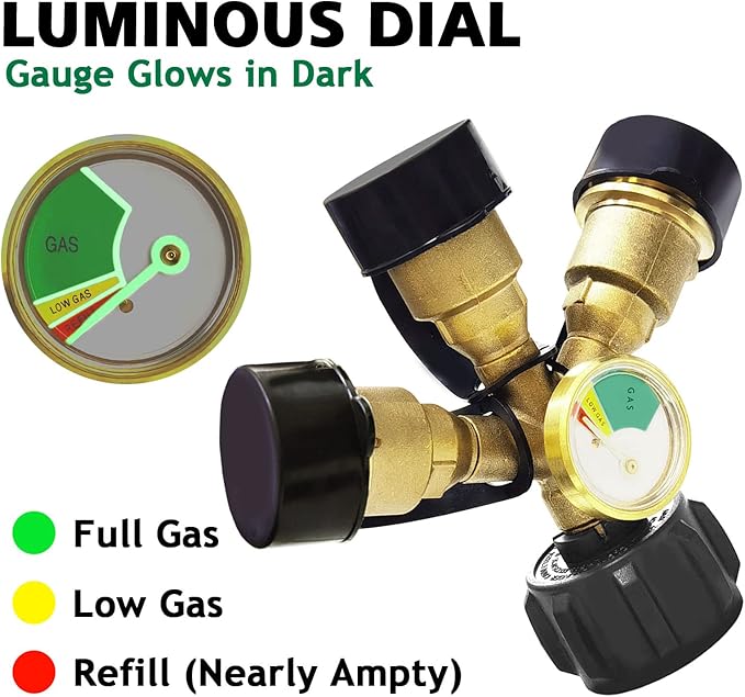 3 Way Tank Propane Splitter QCC/POL with Gauge and Shut-Off Valve, Y Splitter Adapter Propane LP Tank Fuel Tee Gauge Adapter Fitting 3 Way Propane Gas Splitter for Propane Tank，RV BBQ Grills Camping