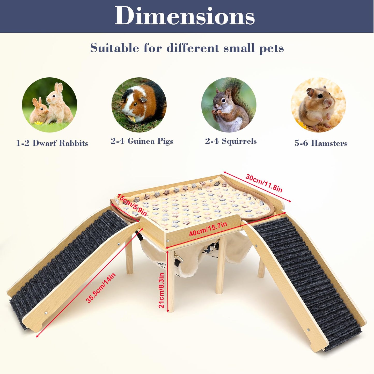 GHWMYD Guinea Pig Hideout Castle, Wooden Chinchilla House with 2 Stairs and Hammock, Small Animals Habitats Hut Accessories for Hamsters Bunny Rabbit Hedgehog Playing Hiding, Easy Assembly