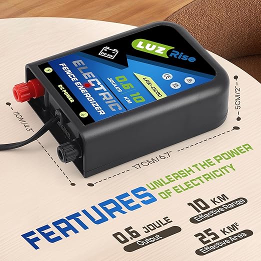 Electric Fence Energizer DC Powered Electric Fence Charger 0.6J Output 10KM Range with IP65 Waterproof Function for Livestock, Farmland, Garden, Preventing Wild Animals Intruding (LRE-DC80)