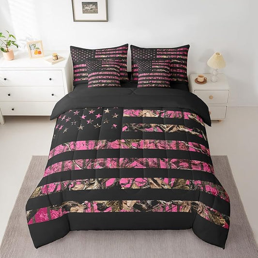 Feelyou American Flag 7 Pieces Bedding Set, Queen Size Hot Pink Camouflage All Season,Bed in a Bag with Comforter, Sheets, Pillowcases Branch Hunting Bed Set Breathable Camouflage Hunter Room Decor