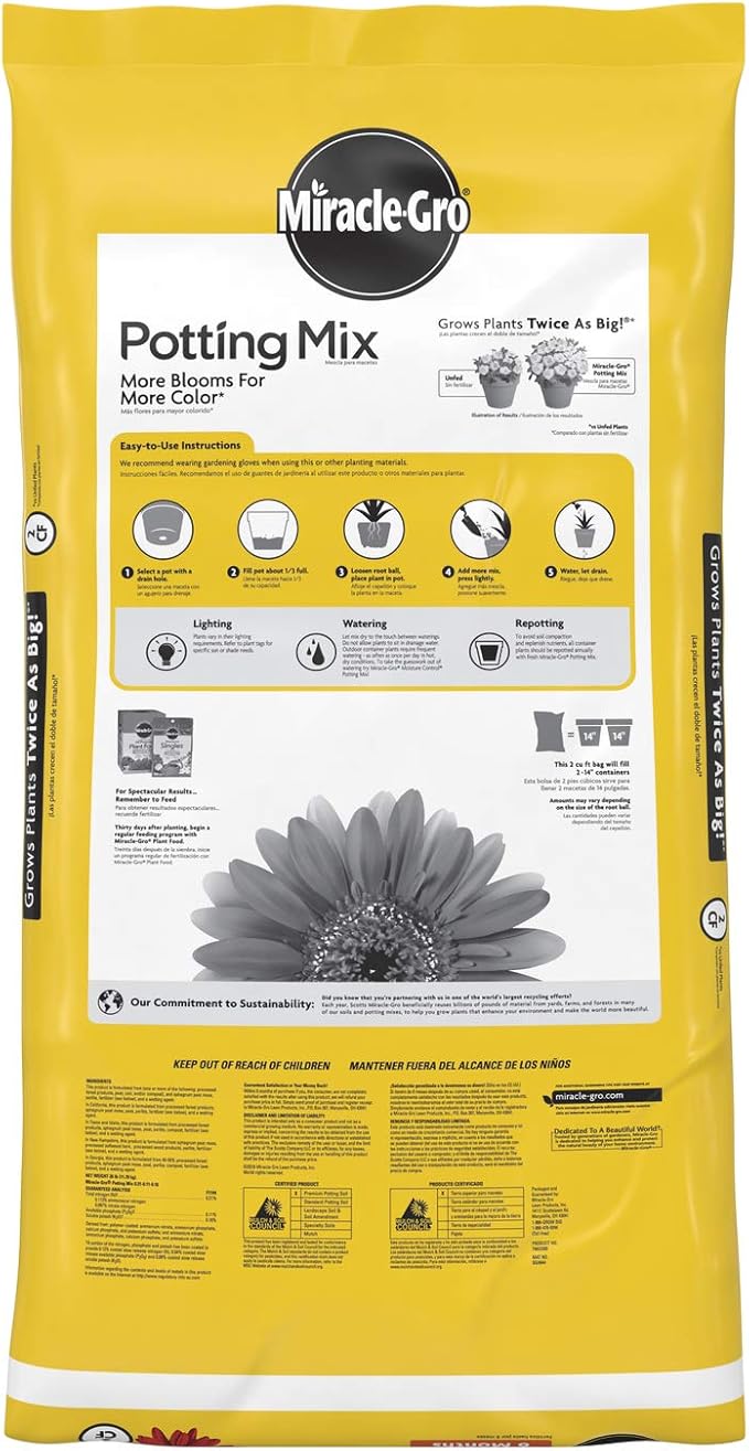 Miracle-Gro Potting Mix, For Container Plants, Flowers, Vegetables, Shrubs, Annuals, Perennials, Feeds up to 6 Months, 2 cu. ft., 2-Pack