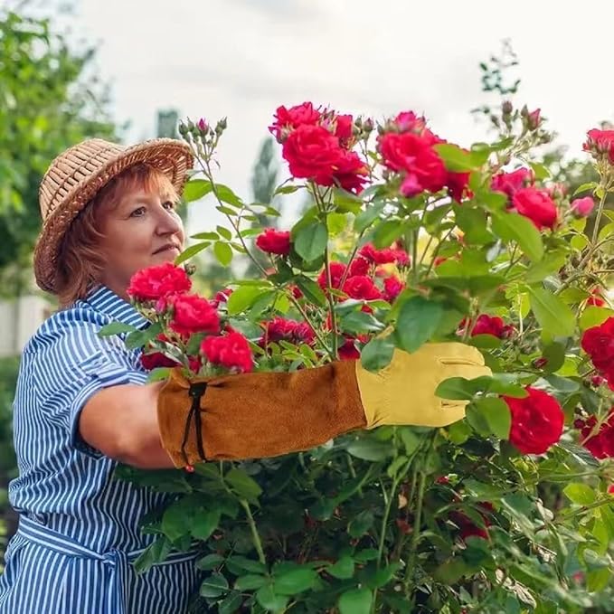 Long Gardening Gloves for Thorn Proof,Rose Pruning Cowhide Leather Garden Gloves for Cactus, Rose and Blackberry