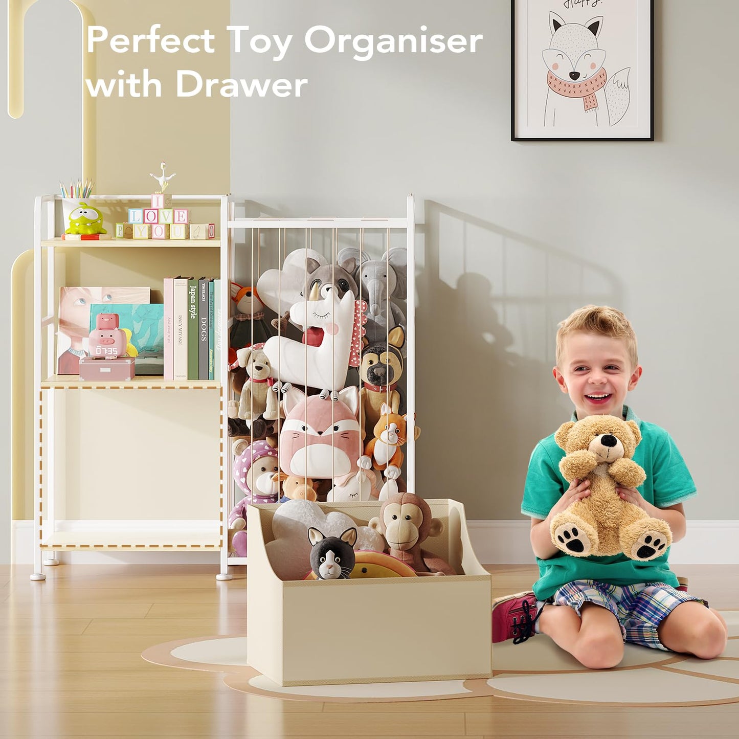 BBLIKE Stuffed Animal Storage - Stuffed Animal Net with Kids Bookshelf and Toy Organizer, 2-Tier White Bookshelf with Stuffed Animal Holder and Fabric Toy Chest for Kids Room, Playroom, Nursery, Beige