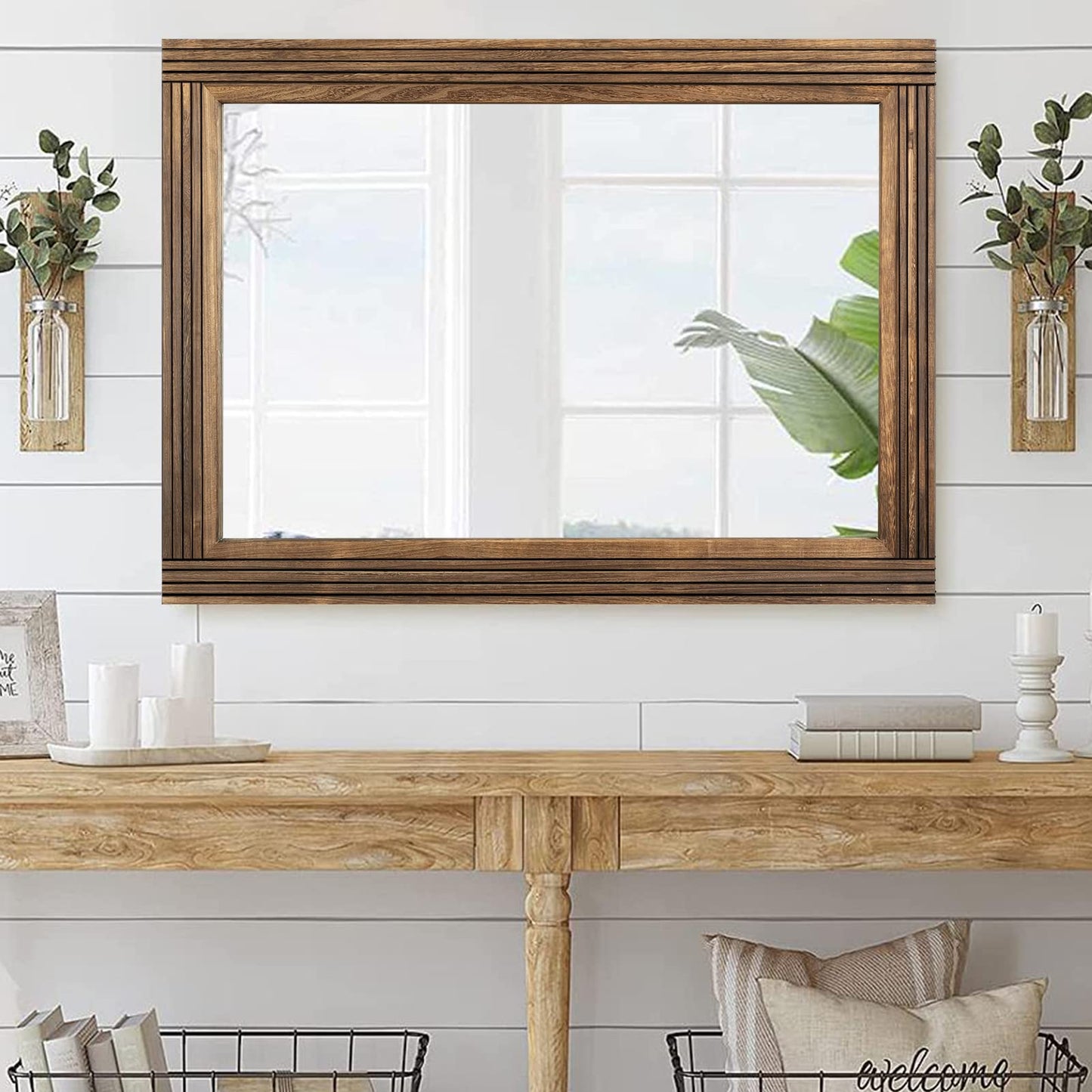 YOSHOOT Hand-Made Wooden Spliced Wall Mirror for Bathroom, Rustic Farmhouse Vanity Mirror, Décor Wall Art, Solid Wood Frame, Vertical or Horizontal Hanging, 60" x 36", Brown