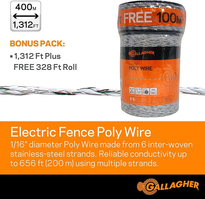 Gallagher S12 Solar Energizer and 1312' Poly Wire Electric Fence Kit for Livestock, Gardens, Orchards, Pets, and More