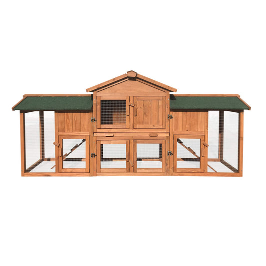 Hanover Durable Two-Level Outdoor Wooden Elevated Rabbit Hutch with Ramp and Large Wire Mesh Run (6.5'x1.7'x2.8') Security Cage for Rabbits, Guinea Pigs with Waterproof Roof, Removable Food Tray