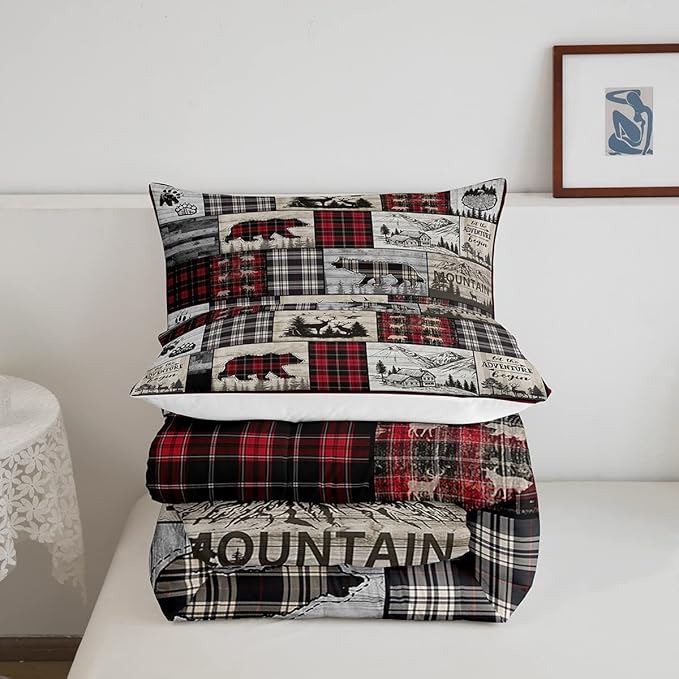Rustic Cabin Comforter Set King Woodland Wolf Deer Bear Comforter For Kids Adults,Red Black Buffalo Plaid Bedding Set Wildlife Camping Lodge Mountain Quilt Bedding Southwestern Farmhouse Decor