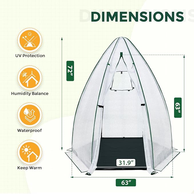 EAGLE PEAK Portable Mini Dome Greenhouse with Zippered Door and Mesh Window, Outdoor Mini Hexagon Greenhouse Kit for Indoor Outdoor Gardening 63”x63”x72”, Agricultural Bubble Film Cover