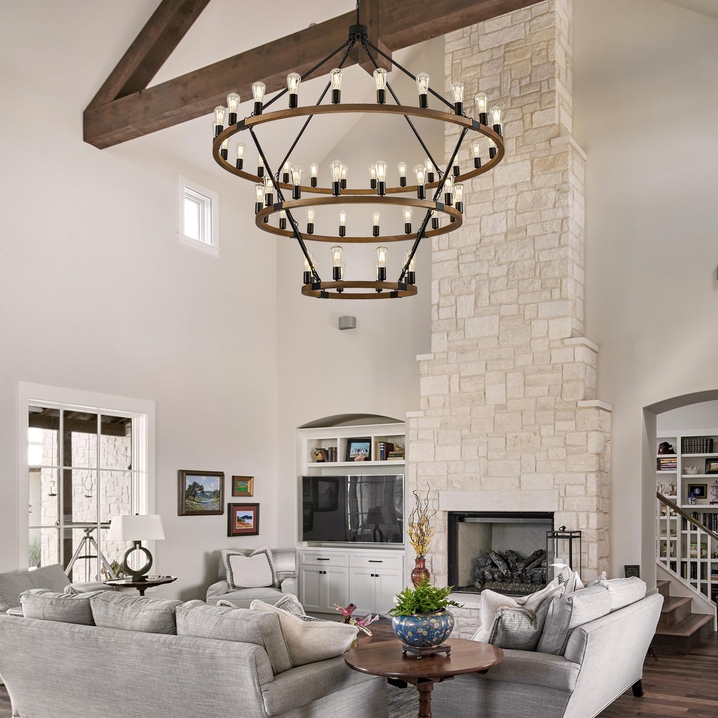 Extra Large 63'' Wooden Wagon Wheel Chandelier Farmhouse 3 Tier 48 Lights Black Rustic Round Wood Pendant Light Fixture for High Ceiling Living Dining Room Foyer Villa Staircases