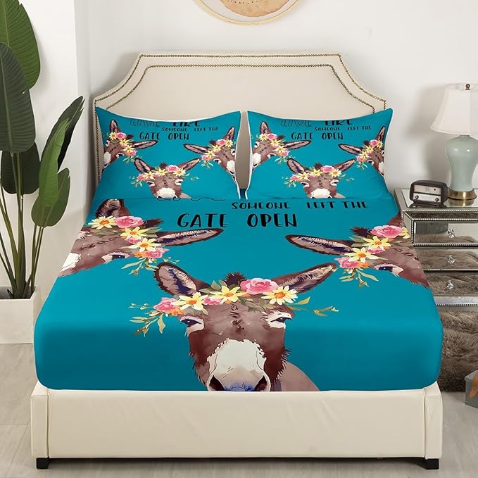 Donkey Sheet Set for Kids Boys Girls,Cartoon Funny Donkey Bed Sheets Twin,Farmhouse Animal Bedding Set,Rustic Botanical Rose Flower Leaves Fitted Sheet + Top Sheet + 1 Pillowcase Bedroom Decor