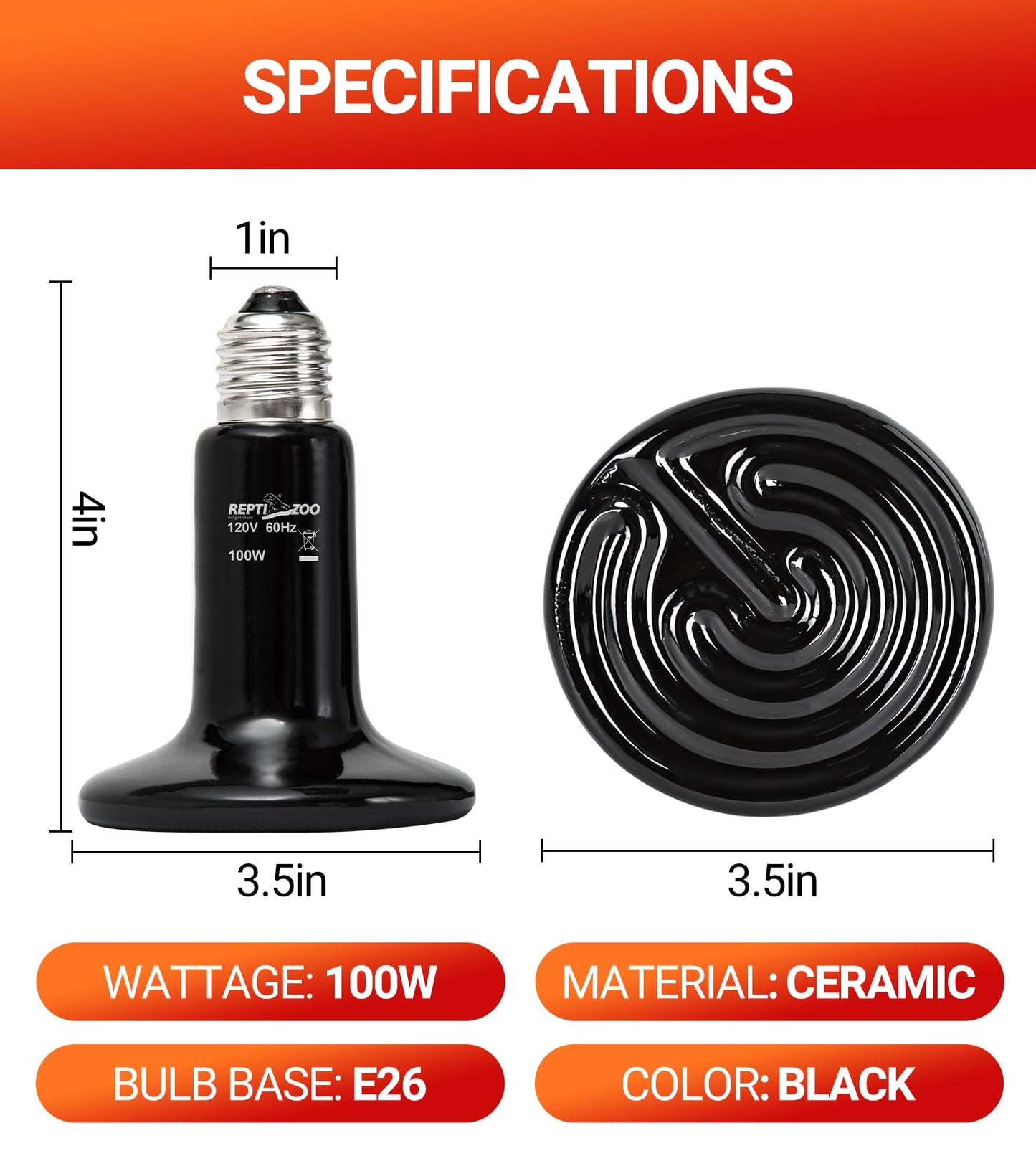 REPTI ZOO 100W Reptile Heat Lamp 2Pack Ceramic Heat Emitter Night Heat Lamp Bulbs Reptile Terrarium Heat lamp Tank Heat Bulb for Turtle Bearded Dragon Gecko Lizard Snake Chicken E26