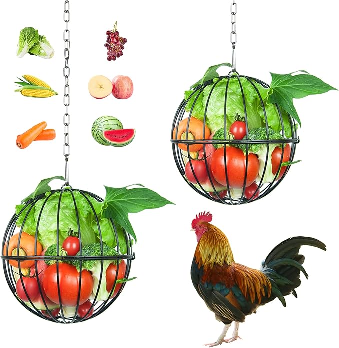 Hanging Chicken Feeder, 7.4 Inch Metal Large Chicken Ball Cage,Hen Food Rack, Chicken Feeding Supplies, Chick Coop Accessories.2pcs Black