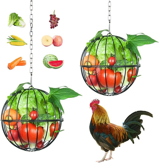 Hanging Chicken Feeder, 7.4 Inch Metal Large Chicken Ball Cage,Hen Food Rack, Chicken Feeding Supplies, Chick Coop Accessories.2pcs Black