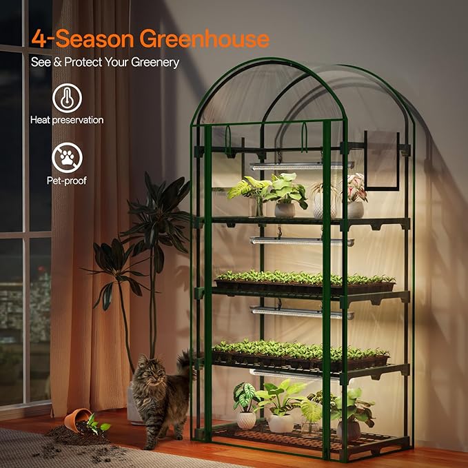 Bstrip Indoor Greenhouse with Grow Light, 4-Tier Mini Green House, 4Pcs Grow Lights for Indoor Plants with Timer, Zippered PVC Grow Tent with Airflow Windows, Indoor Greenhouse Cabinet 35x19.3x63in